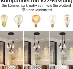 ZMH Suspension Verre 3/4 Flammes E27 Gris Fumée 180cm Lampe à suspension Cage D'escalier