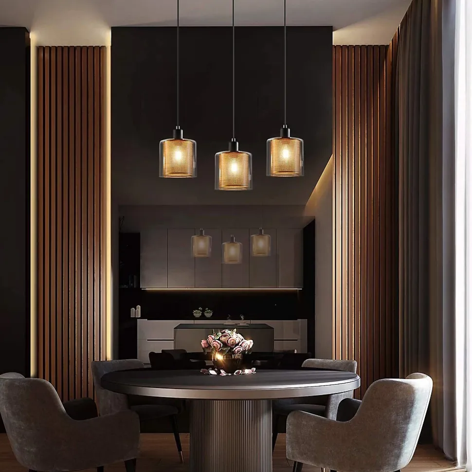 ZMH Suspension Vintage 3 Flammes Verre Métal Réglable Noir E14