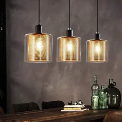 ZMH Suspension Vintage 3 Flammes Verre Métal Réglable Noir E14