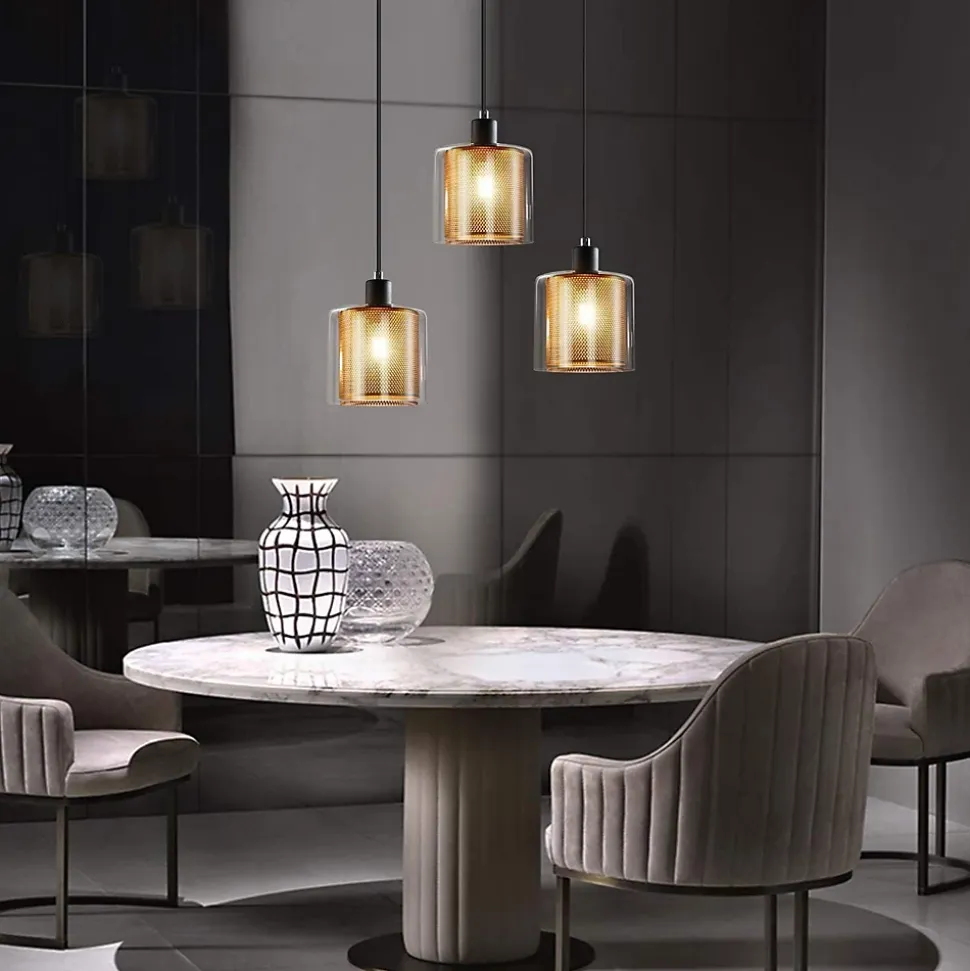 ZMH Suspension Vintage 3 Flammes Verre Métal Réglable Noir E14