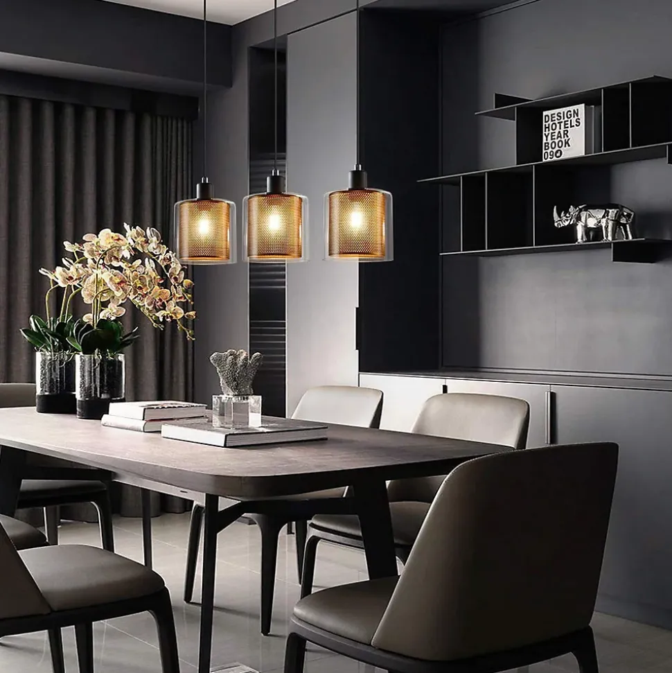 ZMH Suspension Vintage 3 Flammes Verre Métal Réglable Noir E14