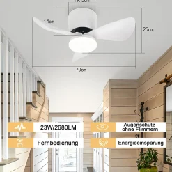 ZMH Ventilateur Plafond LED 70cm 23W Blanc Dimmable Télécommande 6 Vitesses Été/Hiver